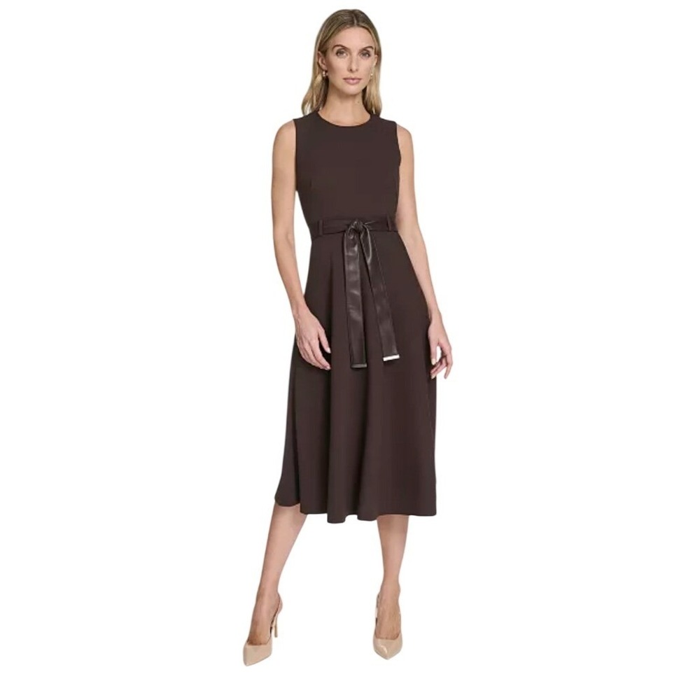 Calvin Klein Belted Crewneck Midi Dress Dark Brown Size 12